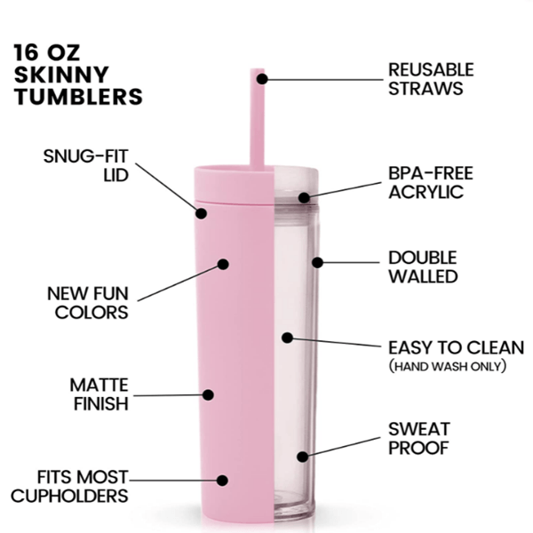 Matte 16 oz Skinny Tumbler with Straw & Double Wall Insulation