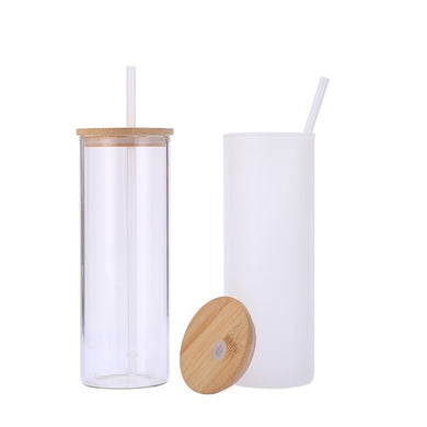 25oz CASE (25 UNITS) Sublimation Glass Tumbler Cups Beer Can W/Bamboo Lids transparent/frosted - OTL